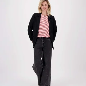pofmouw top met streep in structuur materiaal | off white / rood